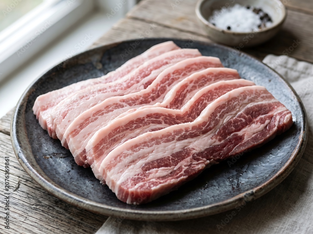 Fototapeta premium Plating of raw Korean pork belly
