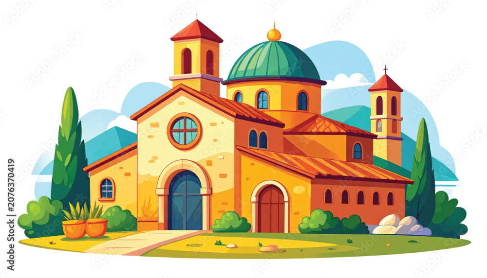 Fototapeta premium Large Yellow Church Building Exterior Architecture.
