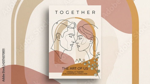 Modern minimalist boho vector art poster template with continuous line drawing of a romantic couple and abstract shapes