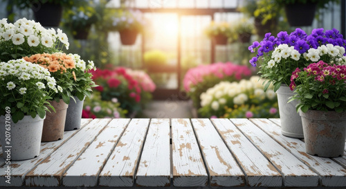 Colorful potted flowers on a white wooden table in a bright greenhouse setting