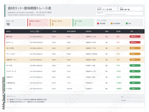 Photos Restaurant ingredient lot and expiry traceability table vector editable template