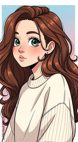 Young Anime Woman with Long Brown Hair Posing Against Soft Pastel Background