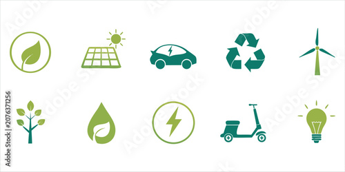 Green Energy and Sustainability Vector Icon Pack.Renewable Energy and Environmental Protection Flat Icons.Eco Friendly Technology Icon Set with Solar Panel and Electric Car.
