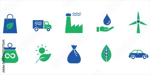 Green Energy and Eco Lifestyle Flat Vector Icon Pack.Renewable Energy and Sustainability Icons Collection.Environmental Protection and Green Technology Icon Set.