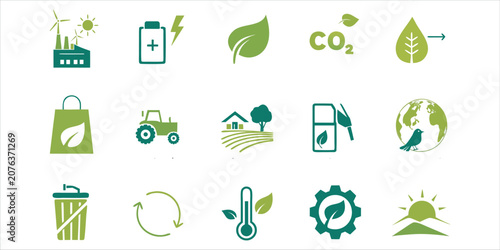 Eco Friendly Line Icons Set with Green Energy, Recycling and Sustainability Vector.Renewable Energy and Environmental Protection Outline Icons Collection.