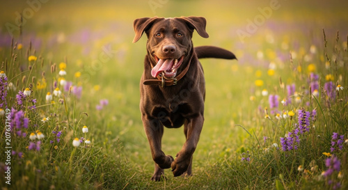 Happy chocolate labrador retriever running through a wildflower meadow on a sunny day