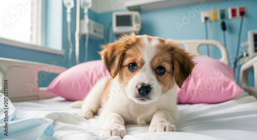 Cute puppy lying on a hospital bed with medical equipment in the background