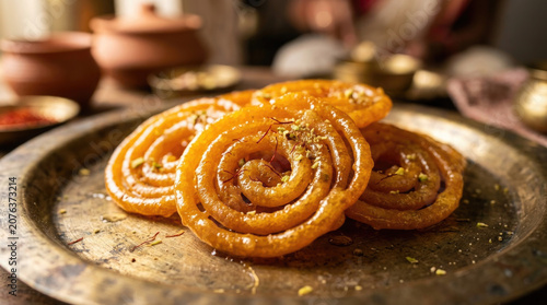 Close up of traditional indian sweets jalebi with saffron and pistachios on a metal plate