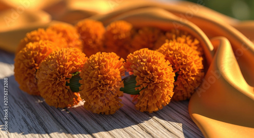 Close up of vibrant orange marigold flowers draped with silk fabric on weathered wood