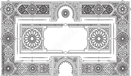 Islamic Geometric Border and Moroccan Arch Frame Vector, Luxury Arabesque Laser Cut Design Panel with Traditional Oriental Ornaments and Mandala Star Rosette Patterns
