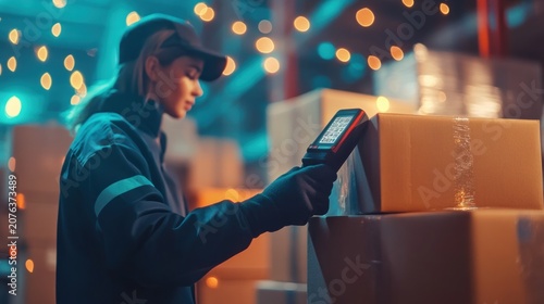 Woman worker using barcode scanner in warehouse at night.