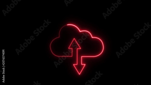Glowing red neon cloud computing with animated upload and download arrows for digital data transfer, network syncing, and modern information technology concepts on a solid black background