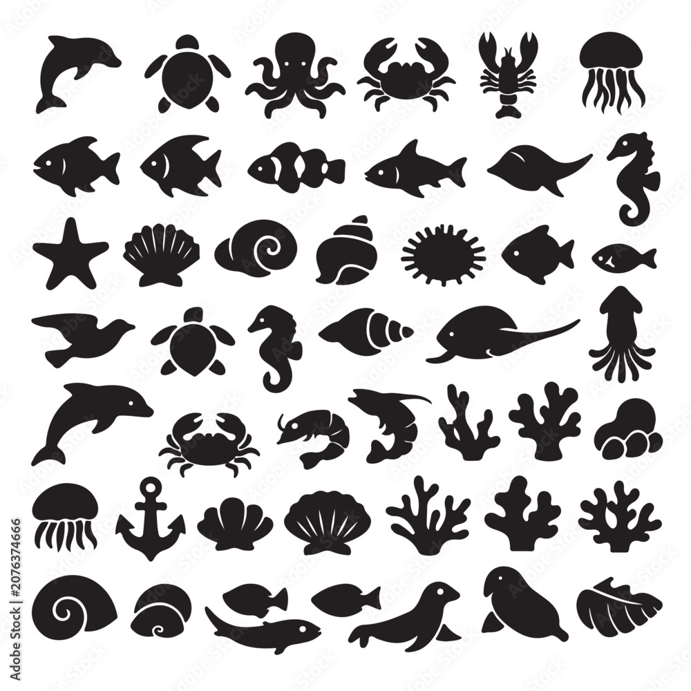Fototapeta premium Ocean creatures icons, sea animal silhouettes, marine life symbols, black vector icons set