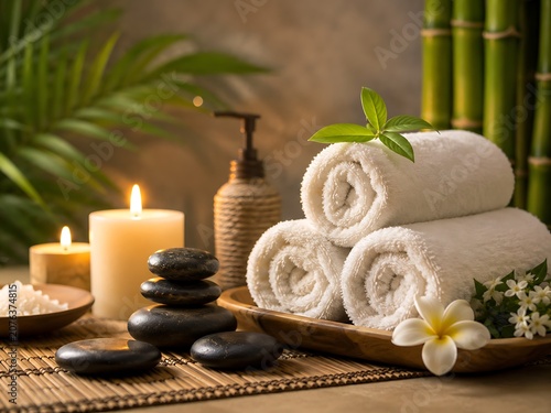 Stacked dark smooth stones beside white rolled towels and lit candles with bamboo stalks and green leaves in a spa setting