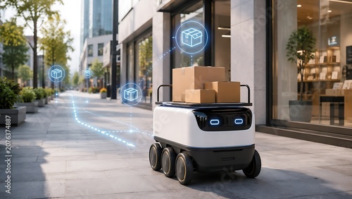 Autonomous delivery robot navigates a city sidewalk carrying cardboard packages with glowing blue navigation