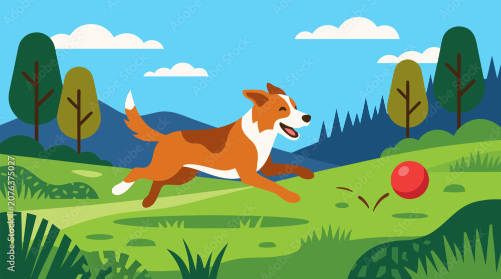 Fototapeta premium A clean flat vector illustration on a light background shows a happy dog running after a red ball in a green park landscape, perfect for pet care, play, or outdoor activity marketing.