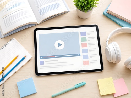 Overhead view of a tablet displaying a player interface surrounded by study including books notebooks pencils headphones and sticky notes on a light wooden desk