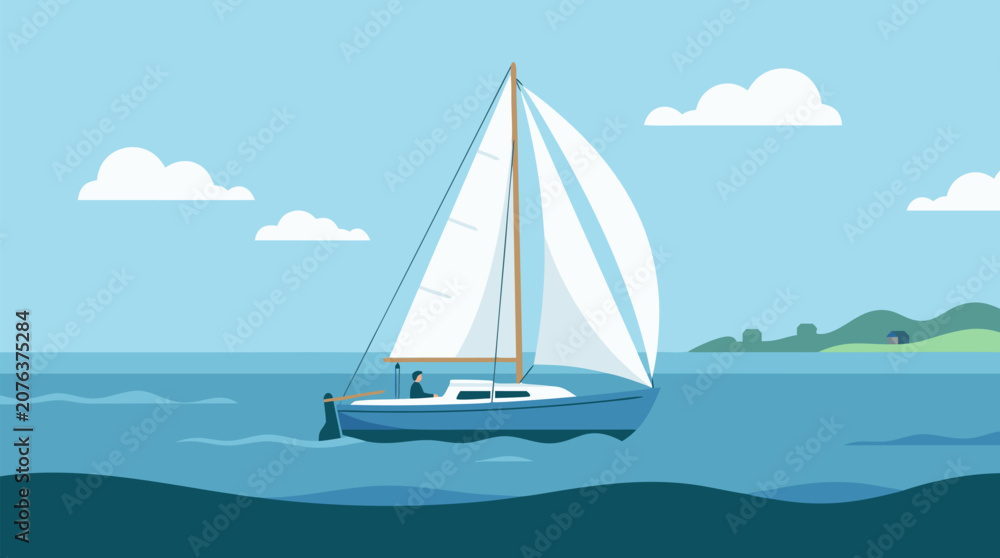 Naklejka premium Clean flat vector illustration of a sailboat with white sails crossing calm blue water near a distant coast, ideal for travel, leisure, or nautical marketing.
