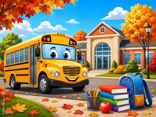 Cheerful yellow cartoon school bus parked outside a brick school building with autumn leaves falling and school supplies on the sidewalk