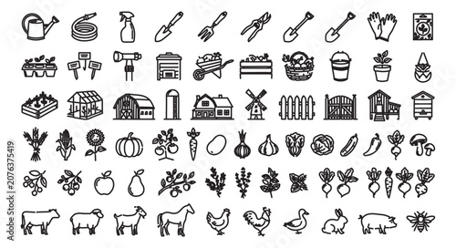 Minimalist gardening and farming icon set, 60 black outline vector icons for agriculture, organic farm equipment and livestock symbols