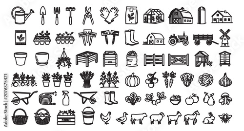 Farming and gardening line icons set, 60 black outline agriculture vector elements, organic farm equipment and livestock symbols for web design