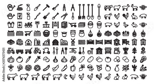 Farming and gardening line icons set, agriculture equipment and livestock vector collection, organic vegetable and farm tool outline symbols