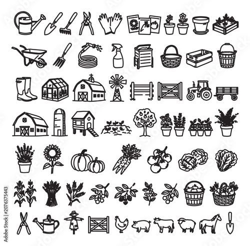 Hand drawn farm and gardening icon set, 56 black line art garden elements, rustic agriculture vector illustrations for organic farming and homesteading