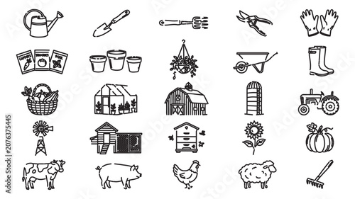 Minimalist gardening and farming icon set, 25 black line vector elements, agricultural equipment and livestock symbols for organic farm branding