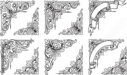 Vintage Baroque Corner Border Design Elements Pack, Luxury Floral Ornament Frame Vector, Antique Rococo Certificate Dividers with Decorative Ribbon Banners and Scrollwork