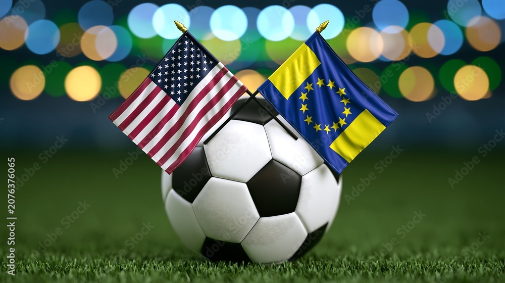Naklejka premium Soccer ball with the flags of the USA and the European Union on a field, signifying international sports, unity, and global cooperation.
