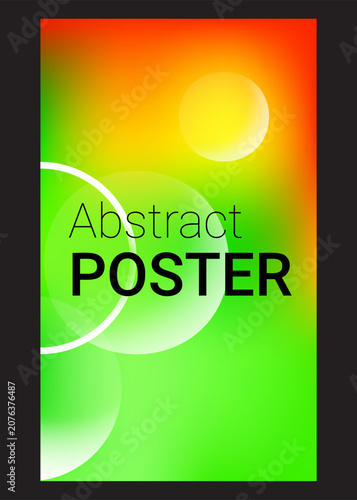 Abstract poster design with green and yellow gradient background and transparent spherical