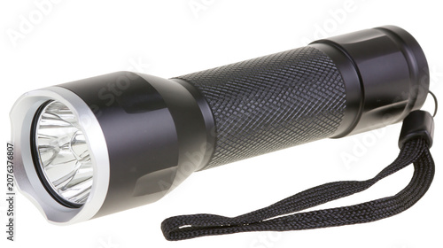 Cuadro en lienzo Black metal flashlight with textured grip and silver bezel