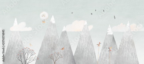 Travel in a hot air balloon over the mountains. Cute watercolor landscape. Horizontal seamless pattern.