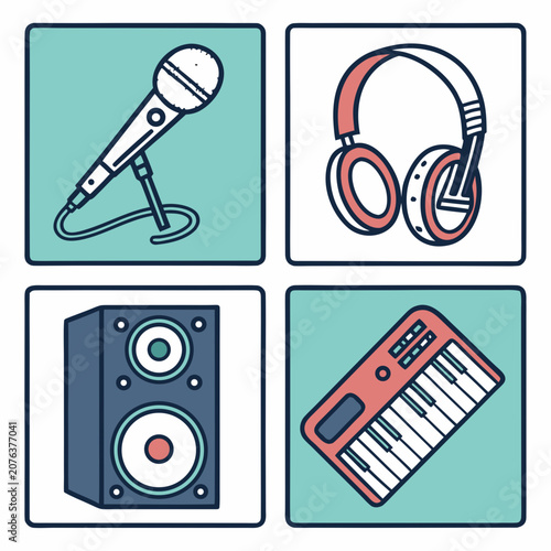 Slika na platnu Music recording studio equipment icons set featuring microphone headphones speaker and electronic synthesizer keyboard in flat line art style on teal and white square backgrounds for audio projects