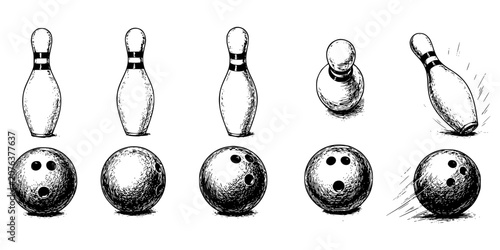 bowling pins and ball vintage hand drawing, black and white