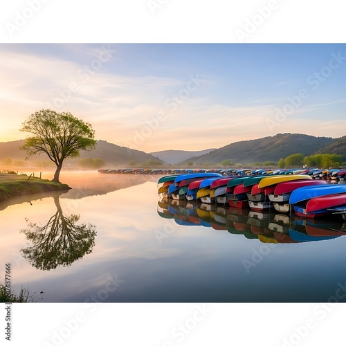 Colorful Rowboats Resting on Calm Lake at Misty Sunrise