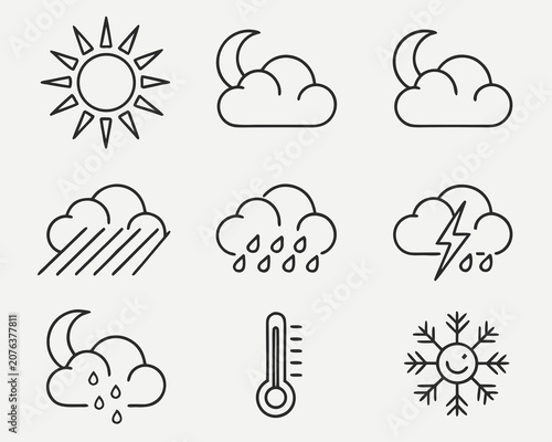 Fotografie Set of nine weather icons including sun, moon with clouds, rain, wind, lightning, thermometer, and snowflake, depicting various atmospheric conditions for forecasting