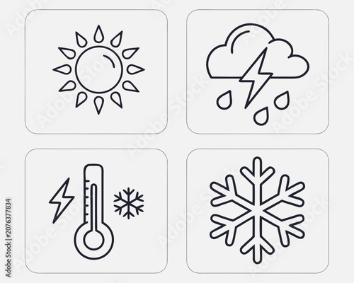 Weather icon set featuring sun and lightning storm and cold temperature thermometer and snowflake symbols in square frames with thin black lines for meteorological forecast mobile application design.