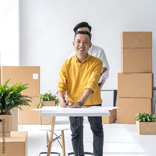 Two men moving house with boxes.