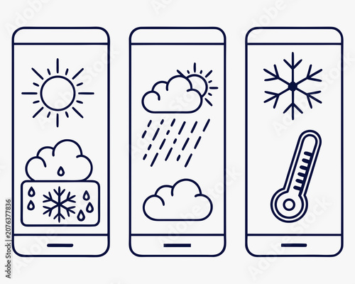 Smartphone screens with weather application line icons showing sun and rain and snow and thermometer symbols for mobile user interface design elements in simple outline style on white background.