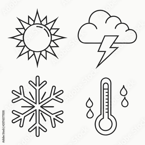 Modern weather symbols for forecast including sun and storm icons plus temperature and winter snowflake designs with clean black outlines on light background for digital apps and website interfaces.