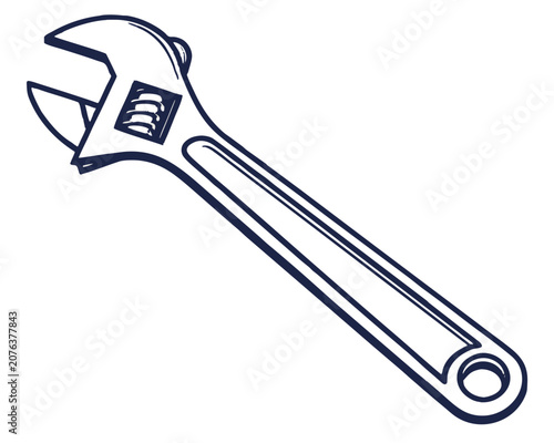 Adjustable wrench tool for professional repair and plumbing maintenance vector line art illustration for mechanical engineering services and home improvement hardware supplies for building industry.
