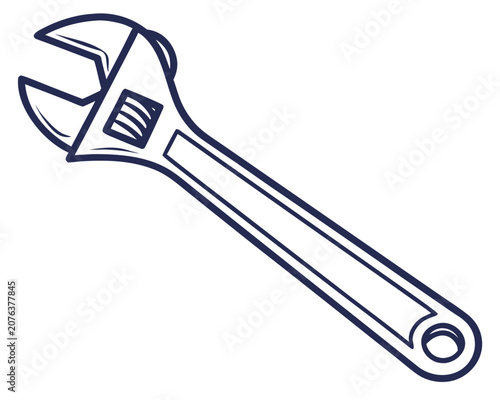 Mechanical adjustable spanner tool for hardware repair and industrial maintenance vector line art drawing for professional plumbing services and home improvement construction projects and workshops.