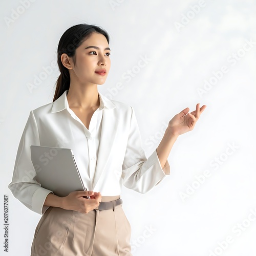 Young Asian businesswoman presenting information.