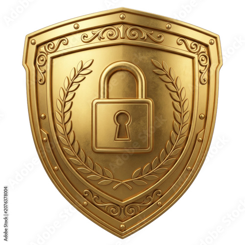Golden Shield with Padlock Emblem Isolated Transparent Background PNG Image