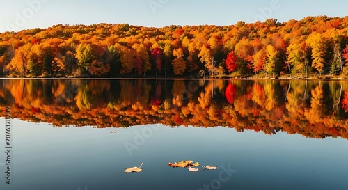 Vibrant Autumn Forest Reflected in Calm Lake Landscape