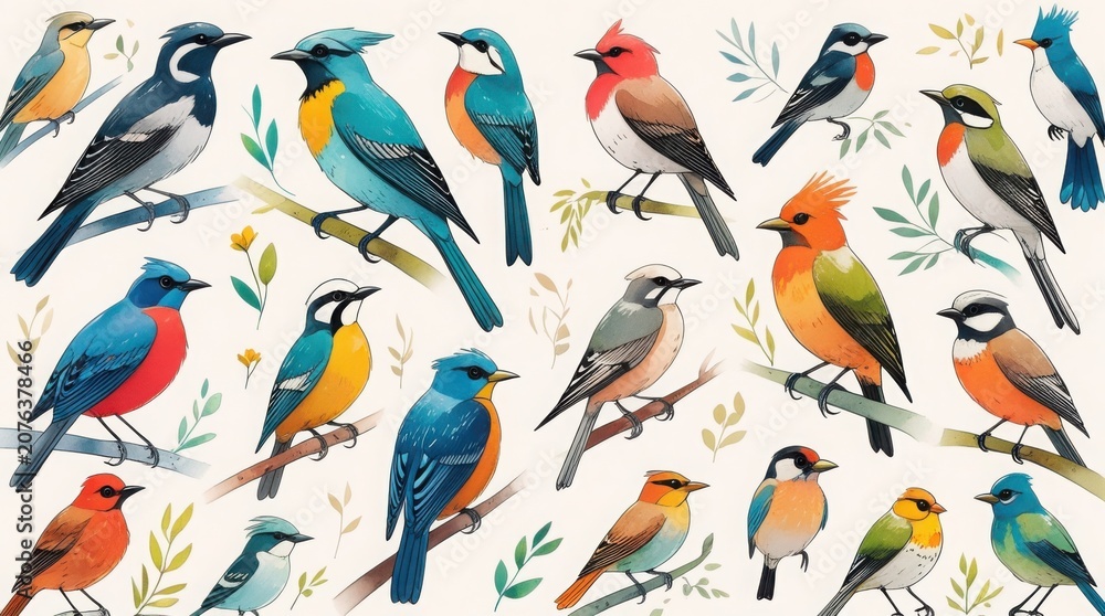 Fototapeta premium Vibrant illustration of various colorful birds on branches isolated on white background