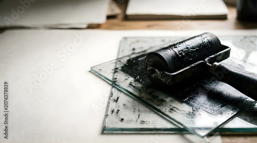 Black ink roller on glass plate for printmaking in an artist studio