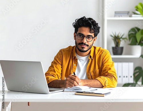 Young adult man working on laptop.