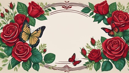 floral frame with butterflies an elegant vintage style frame adorned with vibrant red roses lush green leaves and delicate butterflies